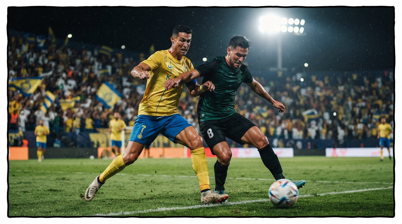 Al Nassr y Mérida disputan el balón durante un intenso partido amistoso de fútbol.