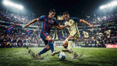 Atlante y América disputan el balón durante un intenso partido de fútbol en un estadio lleno.