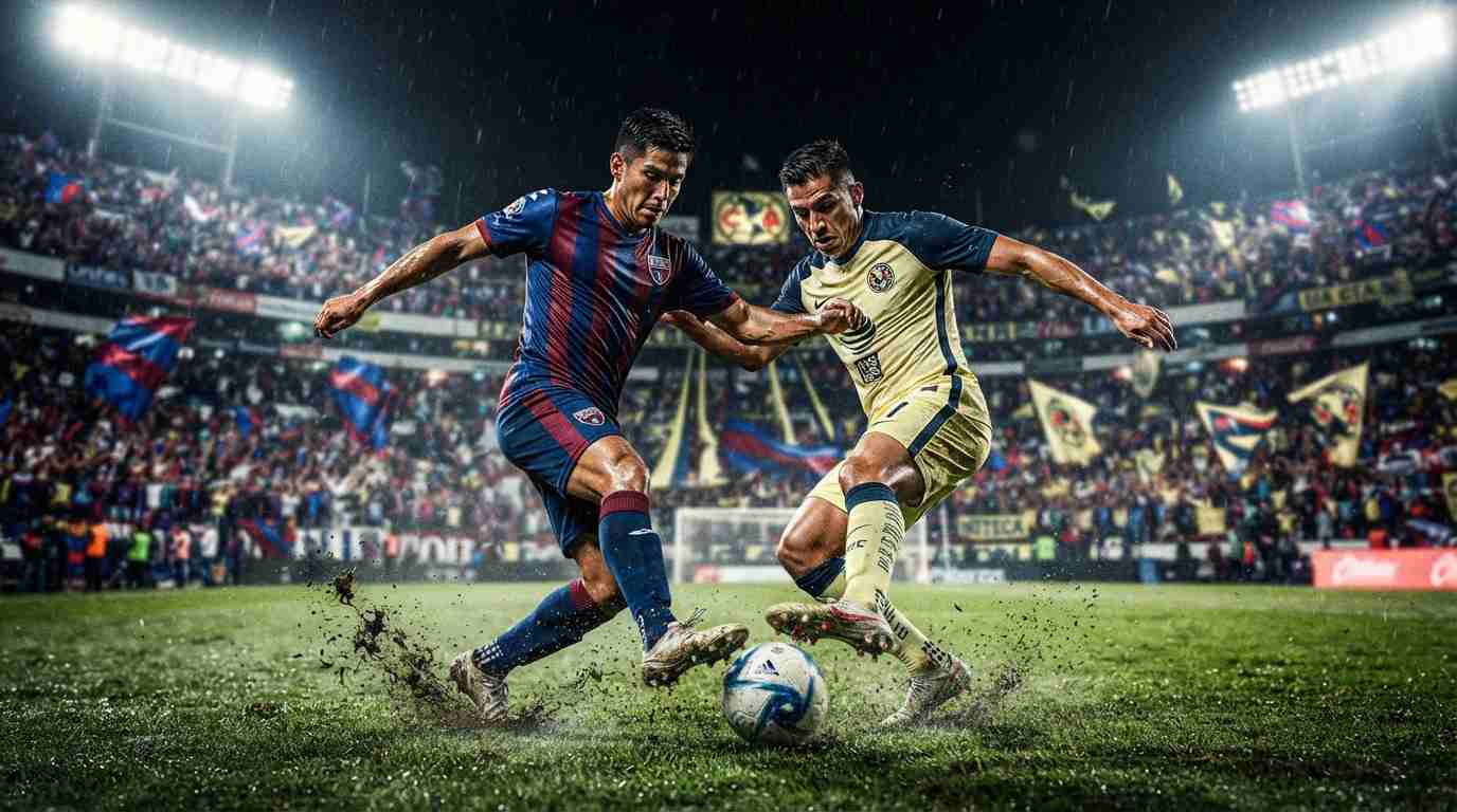 Atlante y América disputan el balón durante un intenso partido de fútbol en un estadio lleno.