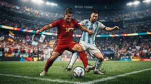 Jugadores de España y Argentina disputan el balón en un estadio lleno durante el Mundial 2026.