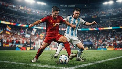 Jugadores de España y Argentina disputan el balón en un estadio lleno durante el Mundial 2026.