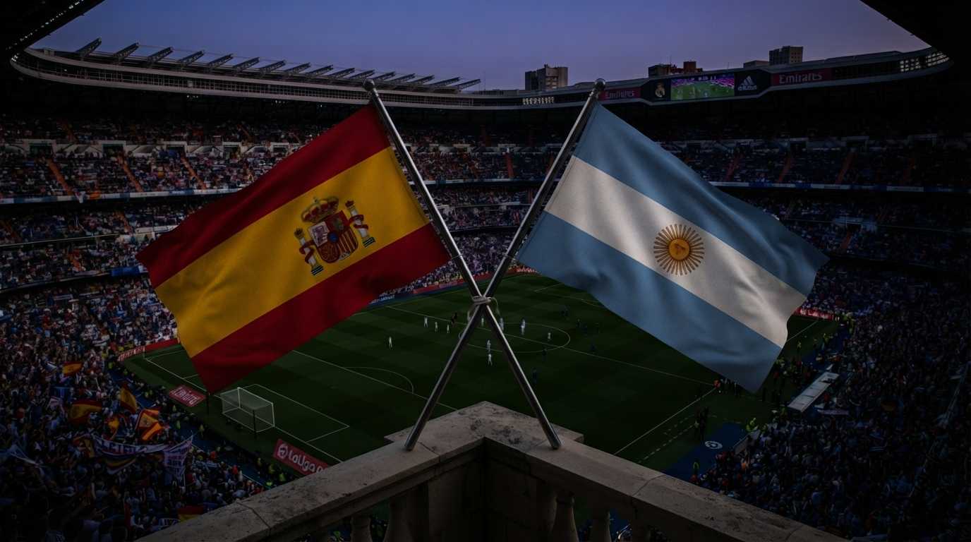 Jugadores de España y Argentina disputan el balón en un estadio lleno durante el Mundial 2026.