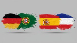 Final Four de la UEFA Nations League 2025 con los colores y banderas de Alemania, Portugal, España y Francia.