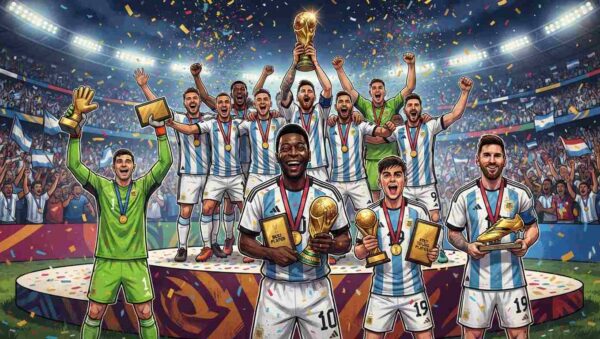 Equipos y jugadores celebran sus premios tras el Mundial 2026 en un estadio lleno de confeti.