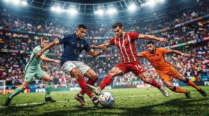 Jugadores disputan el balón en un estadio lleno durante el Mundial 2026.