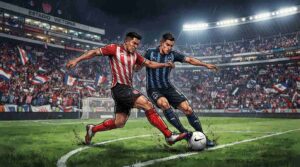 Jugadores de Necaxa y Monterrey disputan el balón durante un intenso partido de la Liga MX.