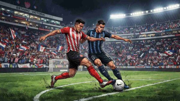 Jugadores de Necaxa y Monterrey disputan el balón durante un intenso partido de la Liga MX.