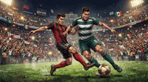 Jugadores de Santos y Atlas disputan el balón durante un intenso partido de la Liga MX.