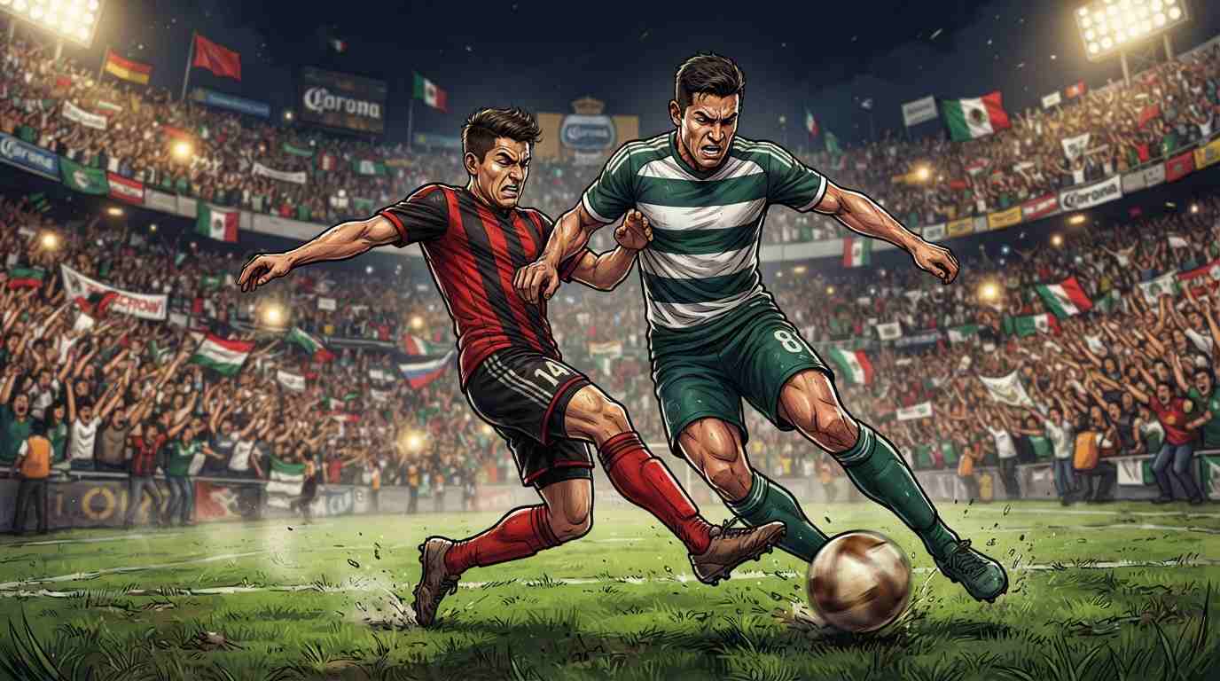 Jugadores de Santos y Atlas disputan el balón durante un intenso partido de la Liga MX.