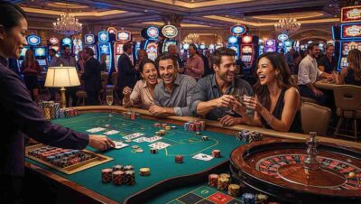 Promociones de casino con ruleta, cartas, fichas y máquinas tragamonedas en un ambiente vibrante.